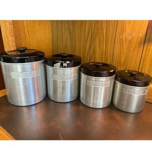 Vintage Aluminum Nesting Kitchen Canister Set Black 4 Piece Good Used Condition